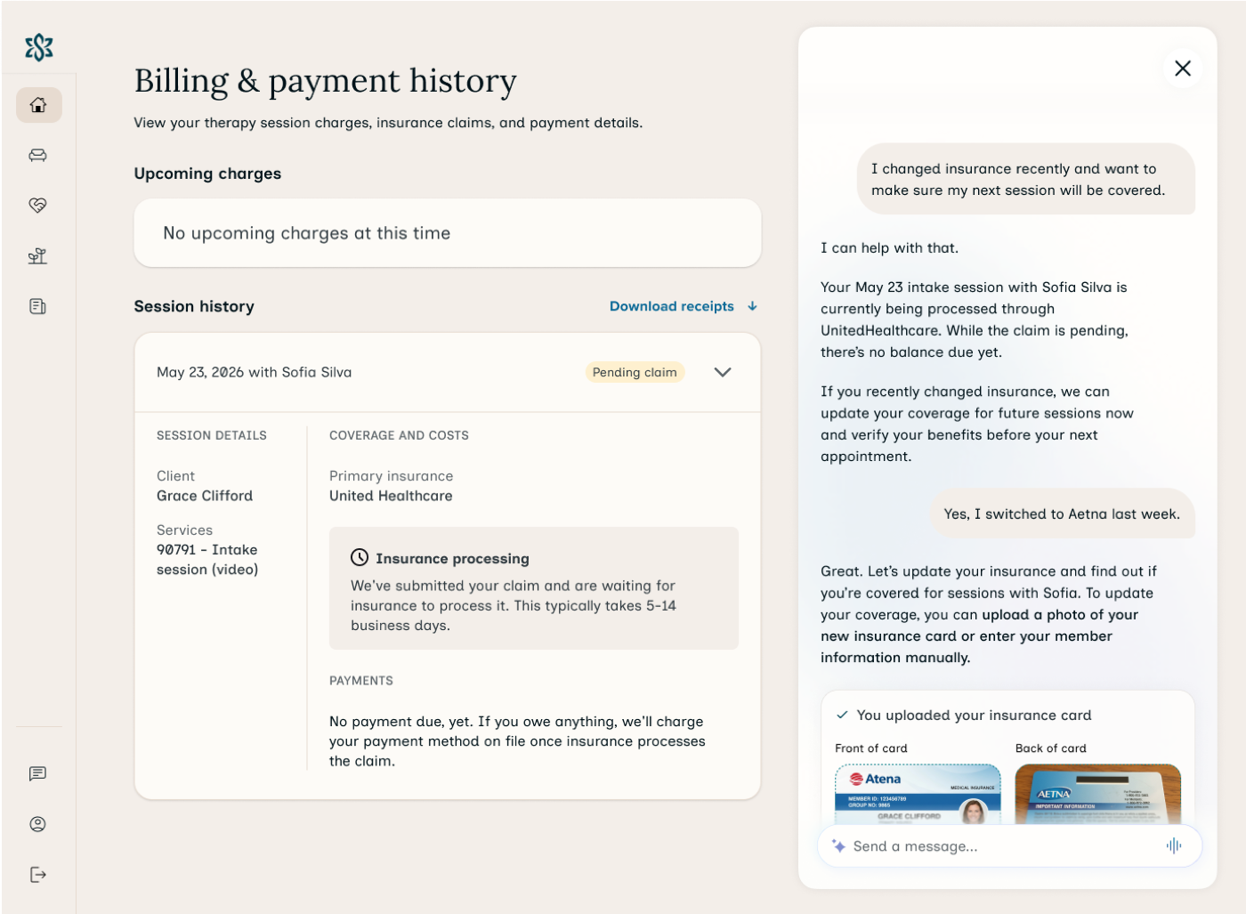 Billing page showing pending claim state
